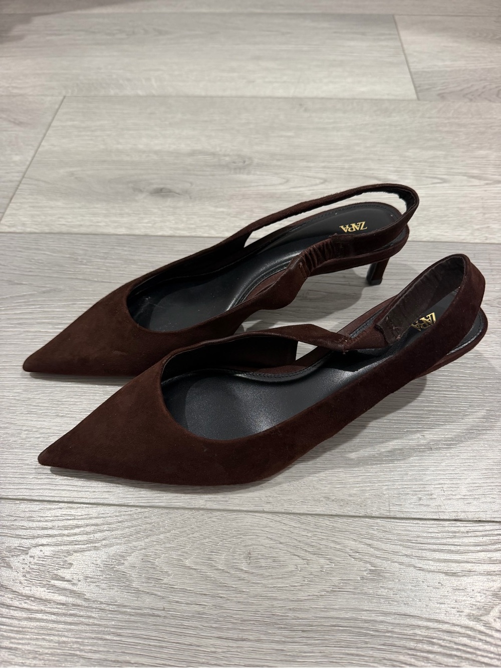 ZARA Suede Kitten Heel Slingback Shoes Brown